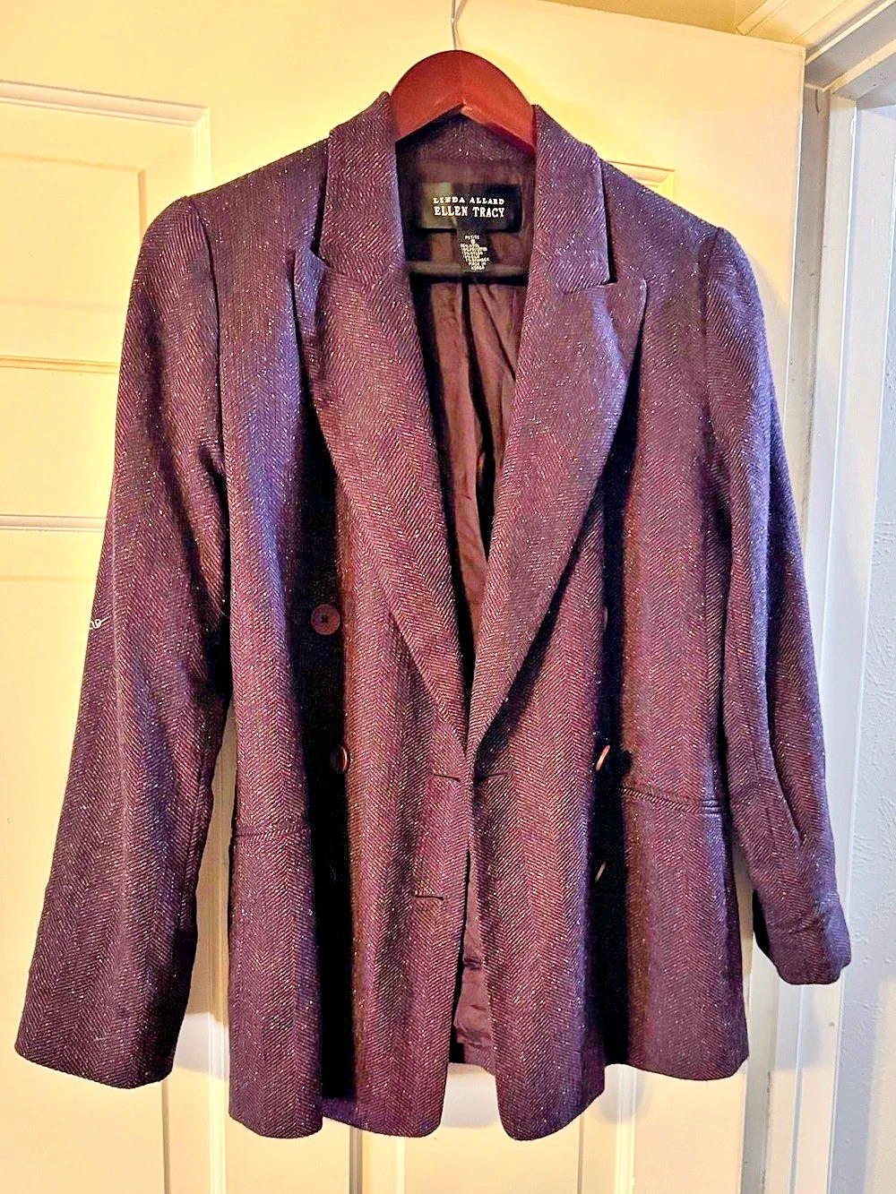 Vintage Ellen Tracy Plum Herringbone Shimmer Tweed Double Breasted Blazer Sz 8P
